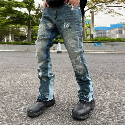 Estilo Retrô Urbano: Calças Jeans com Patchwork de Tinta e Rasgos para Homens e Mulheres