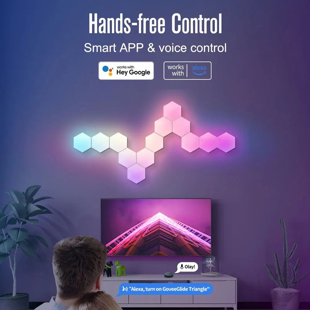 Lâmpada de Parede Hexagonal Inteligente RGB - Iluminação Ambiente com Mudança de Cor e Controle de Música para Quarto de Jogos e Dormitório