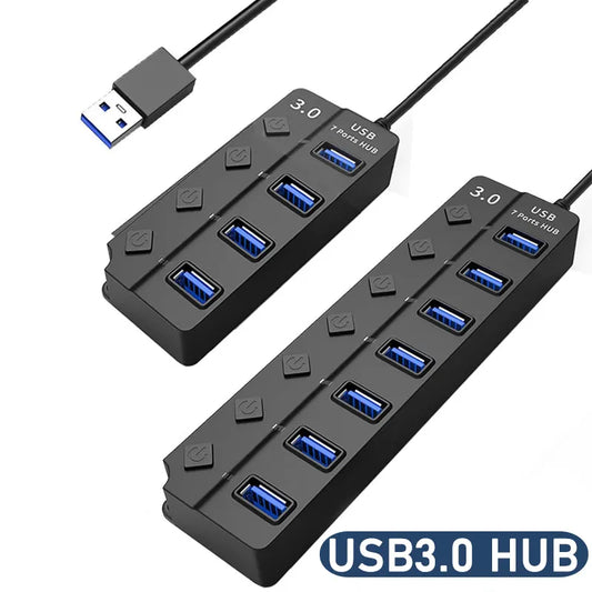 Adaptador USB 3.0 com 4/7 Portas - Hub USB Multiportas com Interruptor e Cabo de 30cm