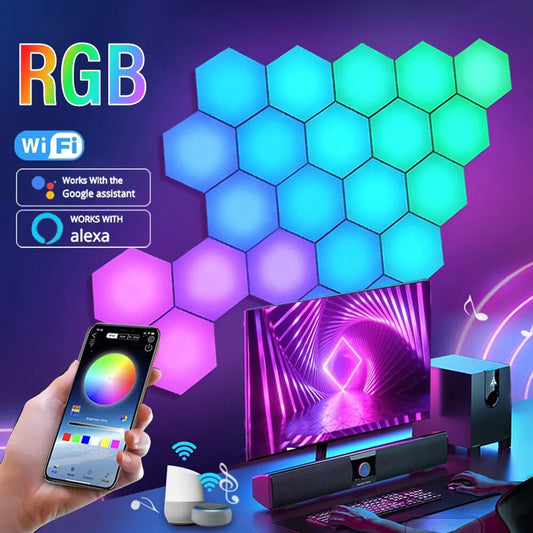 Lâmpada de Parede Hexagonal Inteligente RGB - Iluminação Ambiente com Mudança de Cor e Controle de Música para Quarto de Jogos e Dormitório