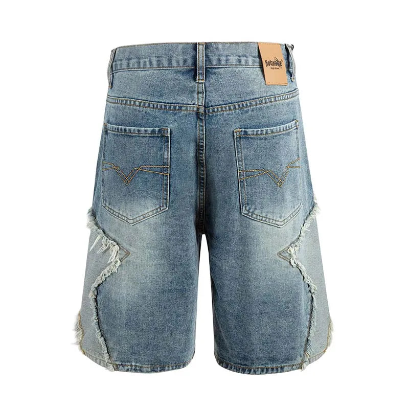 Shorts Jeans Masculinos Patchwork Estilo Streetwear - Azul Lavado e Desgastado