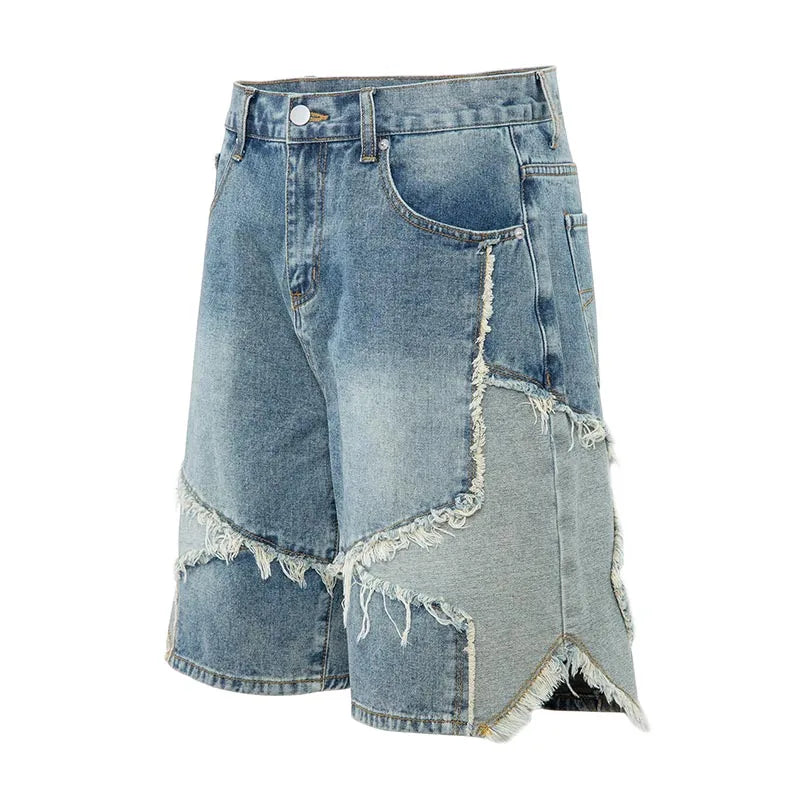 Shorts Jeans Masculinos Patchwork Estilo Streetwear - Azul Lavado e Desgastado