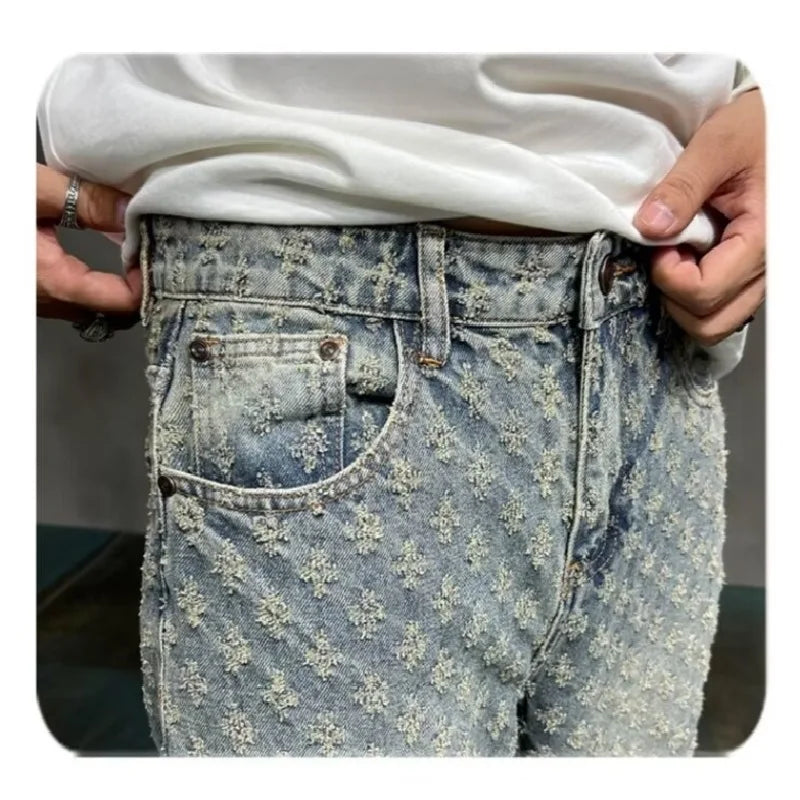 Jeans Jacquard Masculino - Estilo High Street com Corte Reto e Perna Larga | Casual & Confortável