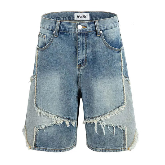 Shorts Jeans Masculinos Patchwork Estilo Streetwear - Azul Lavado e Desgastado